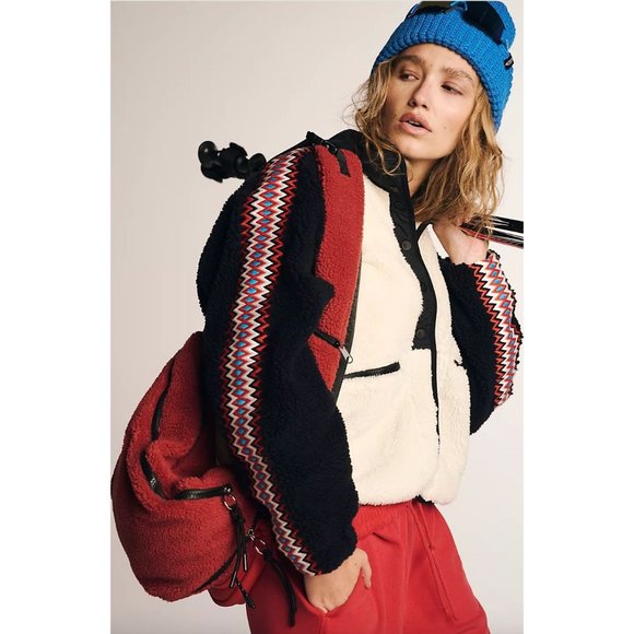 Free People Hit The Slopes Printed Fleece Jacket Size XL Varsity Combo